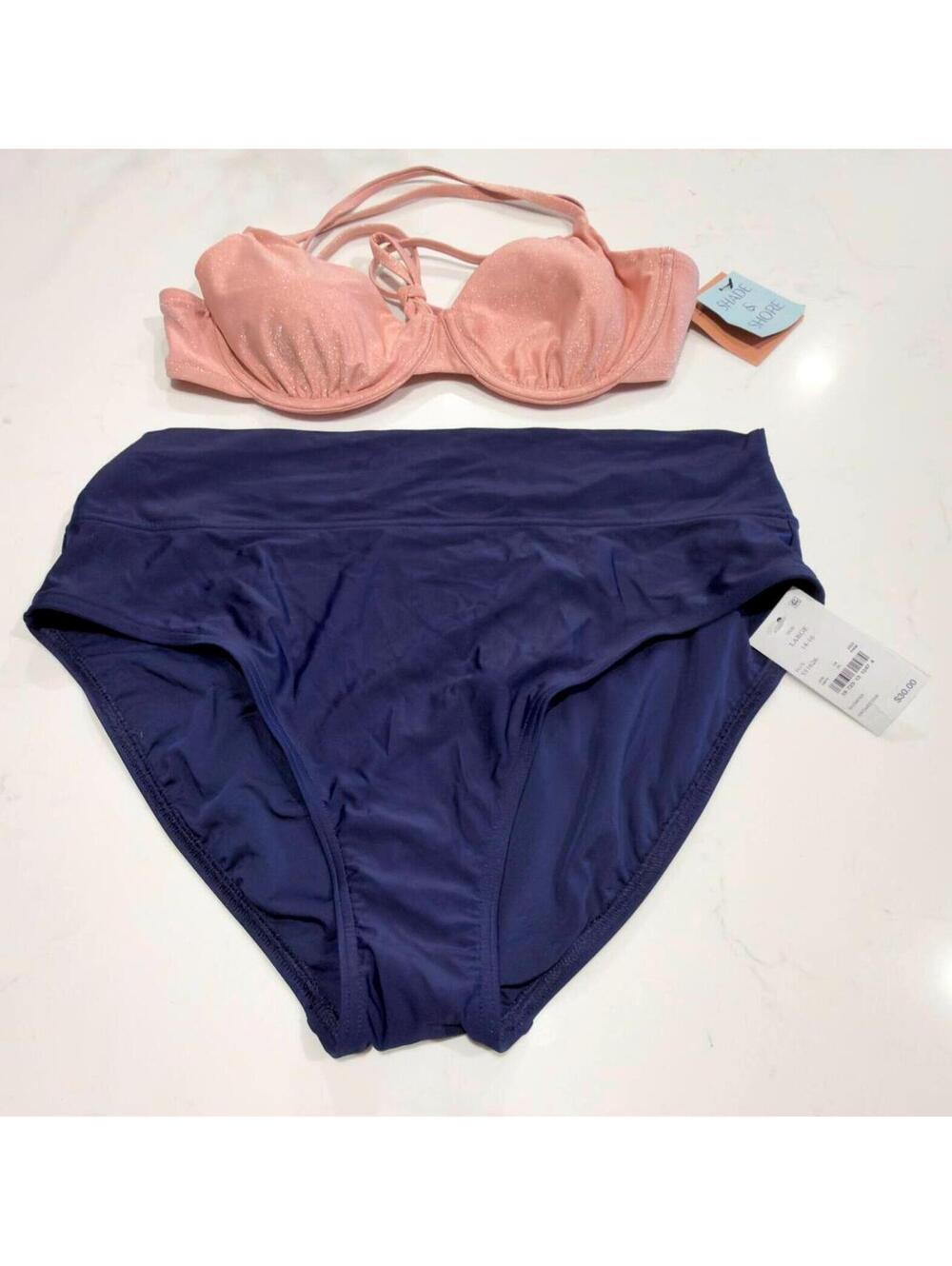 Lands' End Pink Bikini Top with Navy High-Waist Bottoms